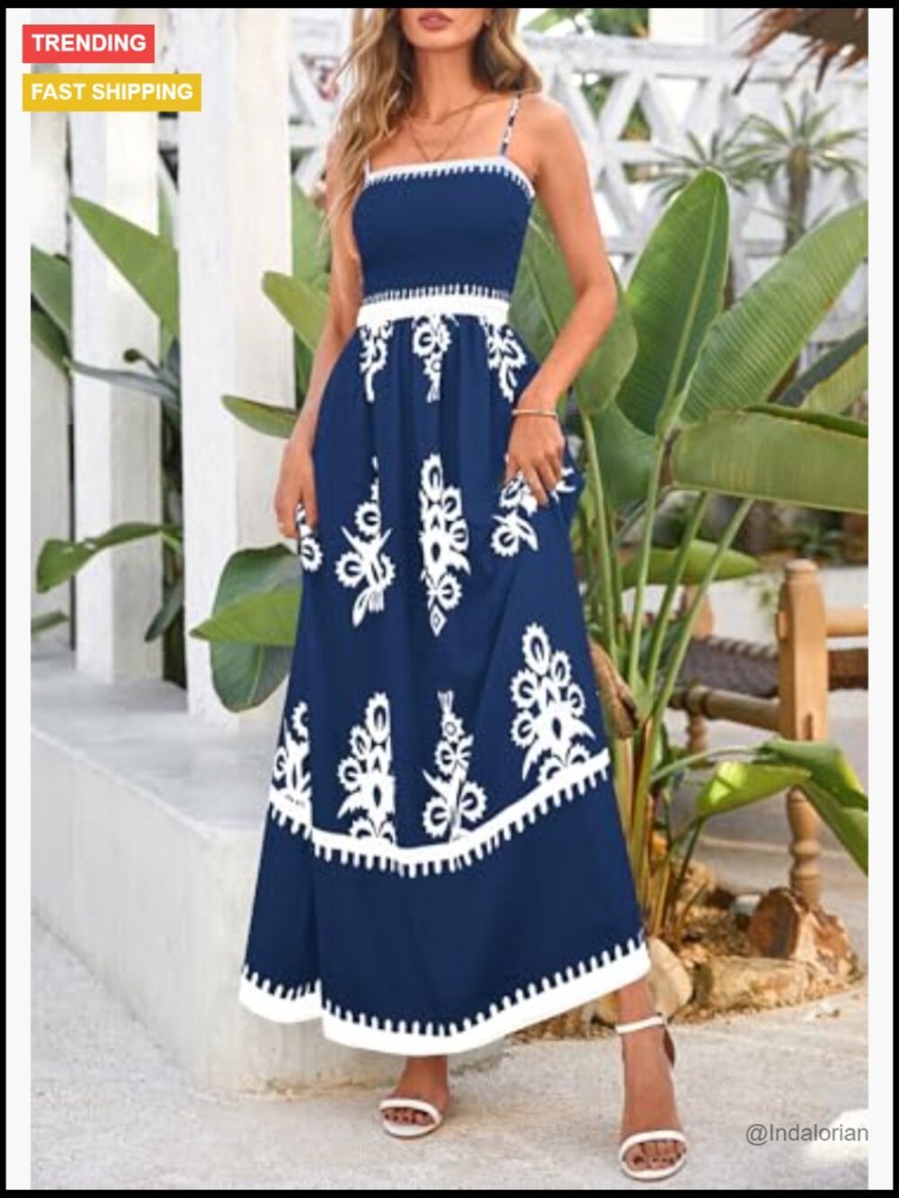 Floral Smocked Boho Maxi Dress with Pockets Sleeveless Flowy Beach Vacation - Picture 3 of 7